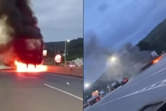 Carreta &eacute; atingida por inc&ecirc;ndio na BR-101, em Garuva