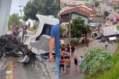 V&Iacute;DEO - Motorista fica ferido ap&oacute;s cabine de caminh&atilde;o se soltar durante capotamento em Joinville