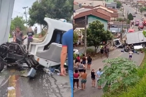 V&Iacute;DEO - Motorista fica ferido ap&oacute;s cabine de caminh&atilde;o se soltar durante capotamento em Joinville