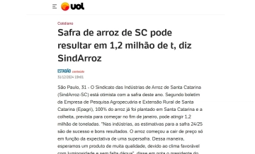 Safra de arroz de SC pode resultar em 1,2 milhão de t, diz SindArroz