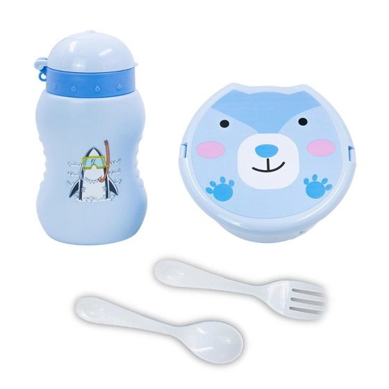 Pote marmita infantil  | Divisoria, talher, garrafa. Lancheira azul