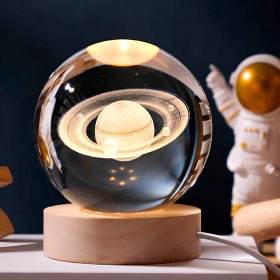 Luminária de mesa decorativa | Decoração esfera base de madeira cristal USB 