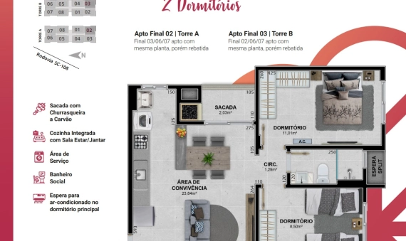 APARTAMENTO, RES. TORRES DI CASTOI - JARDIM DAS PALMEIRAS, COCAL DO SUL