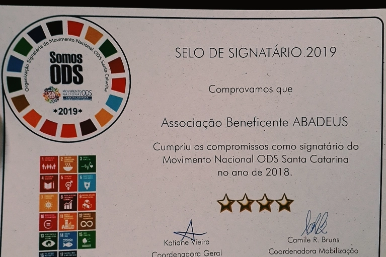 ABADEUS recebe Selo de Signat&aacute;ria 2019  do Movimento Nacional ODS Santa Catarina 