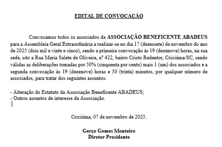 Edital de Convocação para Assembleia Geral Extraordinária da ABADEUS 