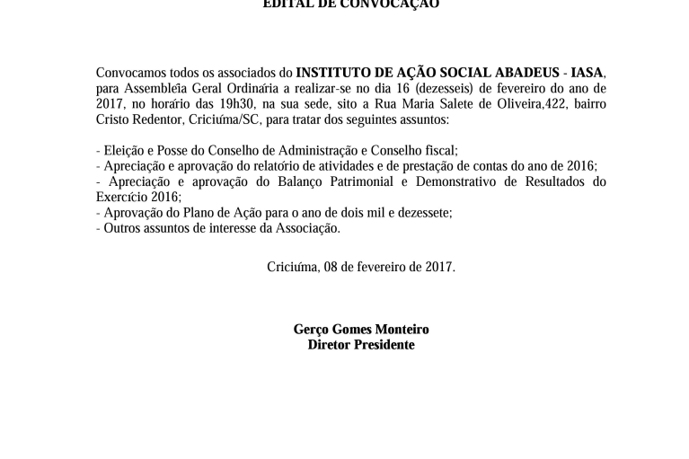 Edital de Convoca&ccedil;&atilde;o - 08/02/2017