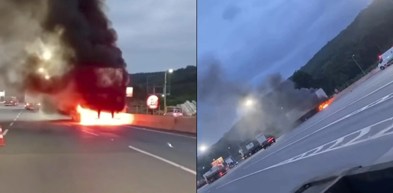 Carreta &eacute; atingida por inc&ecirc;ndio na BR-101, em Garuva