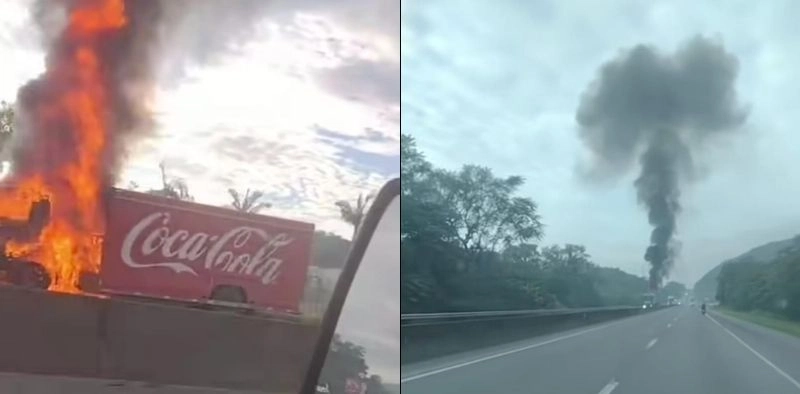 Caminh&atilde;o da Coca-Cola pega fogo na BR-101 em Garuva&nbsp;
