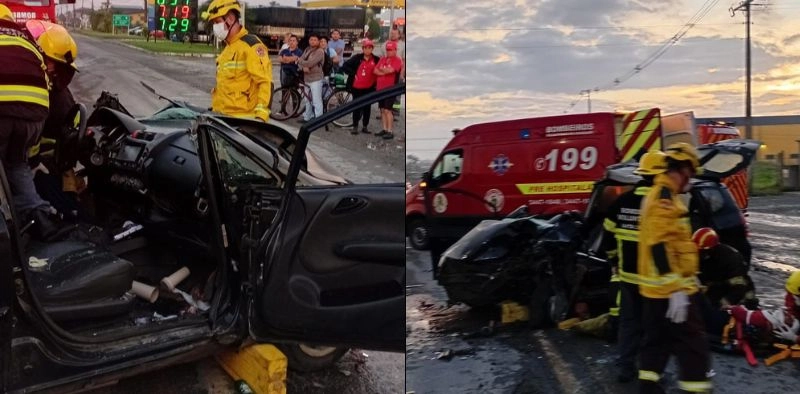 Grave acidente deixa cinco feridos e uma mulher presa nas ferragens na BR-280, em Araquari