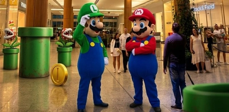 Personagens Mario e Luigi s&atilde;o atra&ccedil;&atilde;o em programa&ccedil;&atilde;o especial de estreia de filme em Joinville