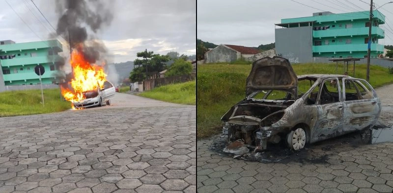 V&Iacute;DEO - Carro pega fogo e fica completamente destru&iacute;do no bairro Itinga, em Araquari