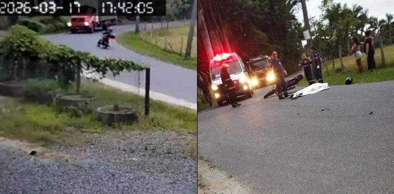 V&Iacute;DEO - Motociclista morre em colis&atilde;o com caminh&atilde;o em Joinville