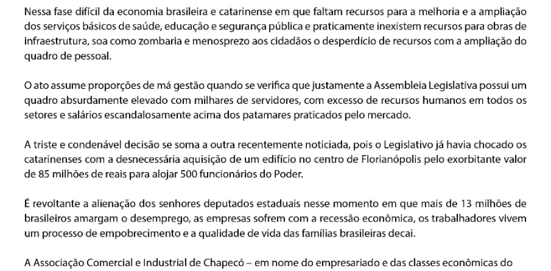 Acic apoia redu&ccedil;&atilde;o de gastos na Alesc
