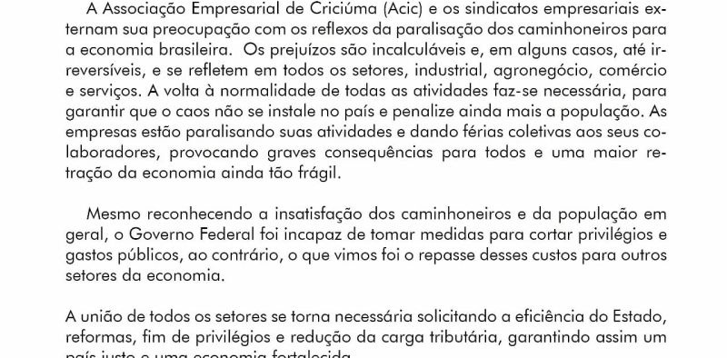 Acic apoia volta &agrave; normalidade das atividades do pa&iacute;s