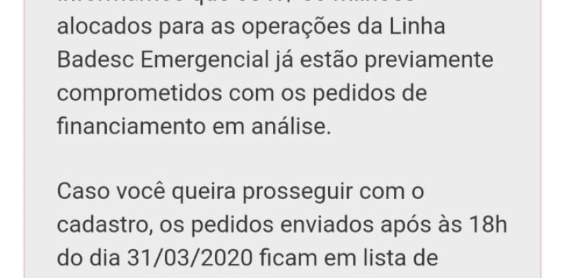 Em uma semana, linha emergencial do Badesc se esgota