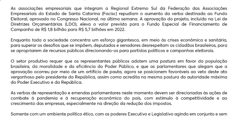 Nota de Rep&uacute;dio: Associa&ccedil;&otilde;es empresariais repudiam vota&ccedil;&atilde;o do Fundo Eleitoral